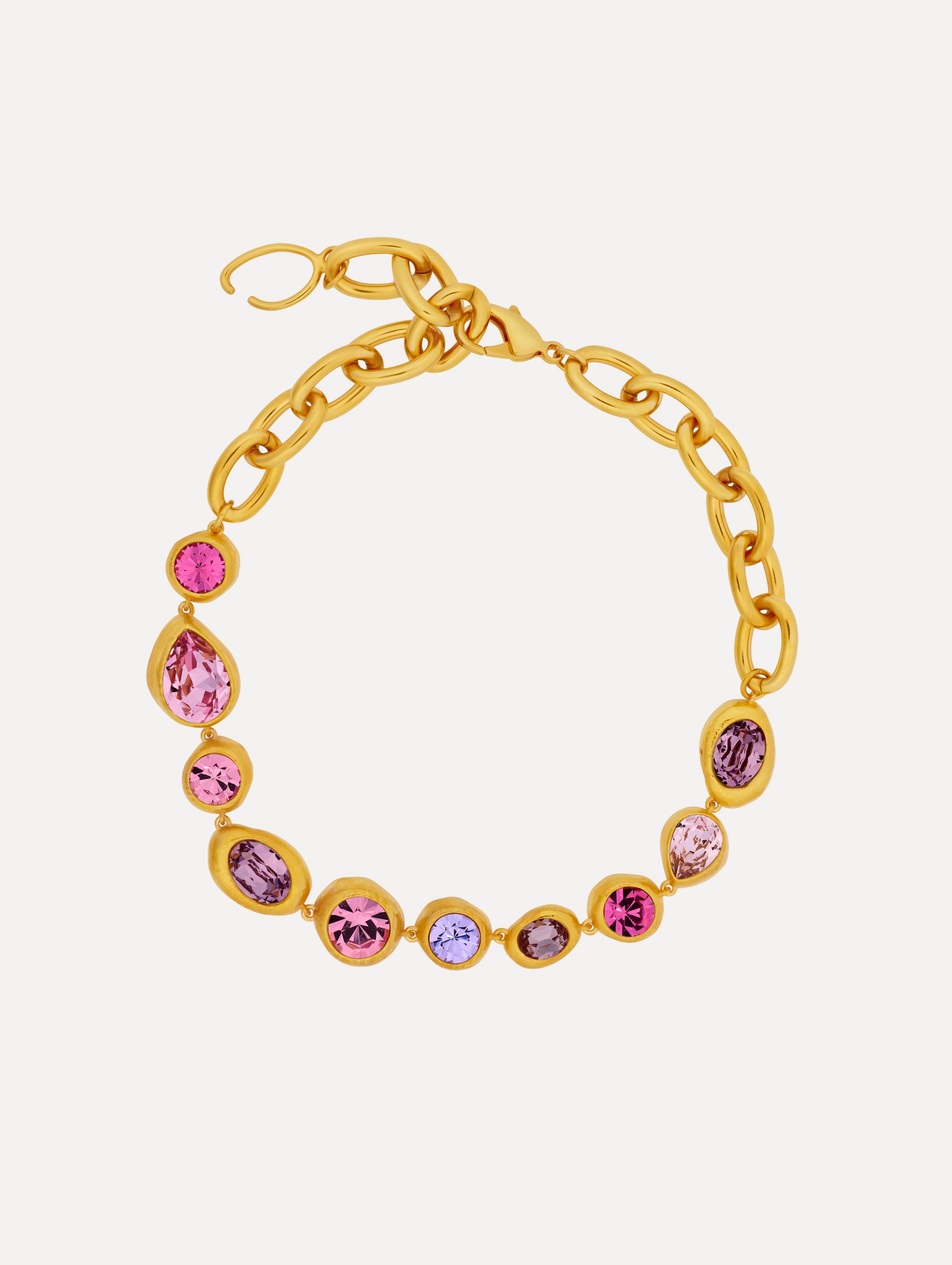 Gold Hammered Chain-Link Necklace featuring bezel-set pink, purple, and lilac crystals in varied cuts.