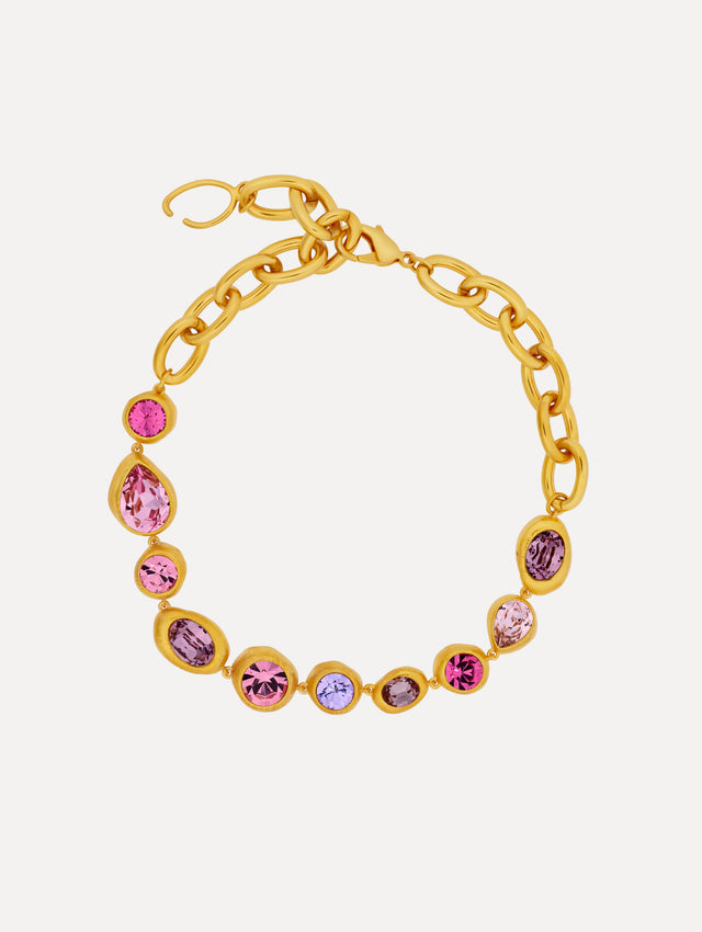 Gold Hammered Chain-Link Necklace featuring bezel-set pink, purple, and lilac crystals in varied cuts.