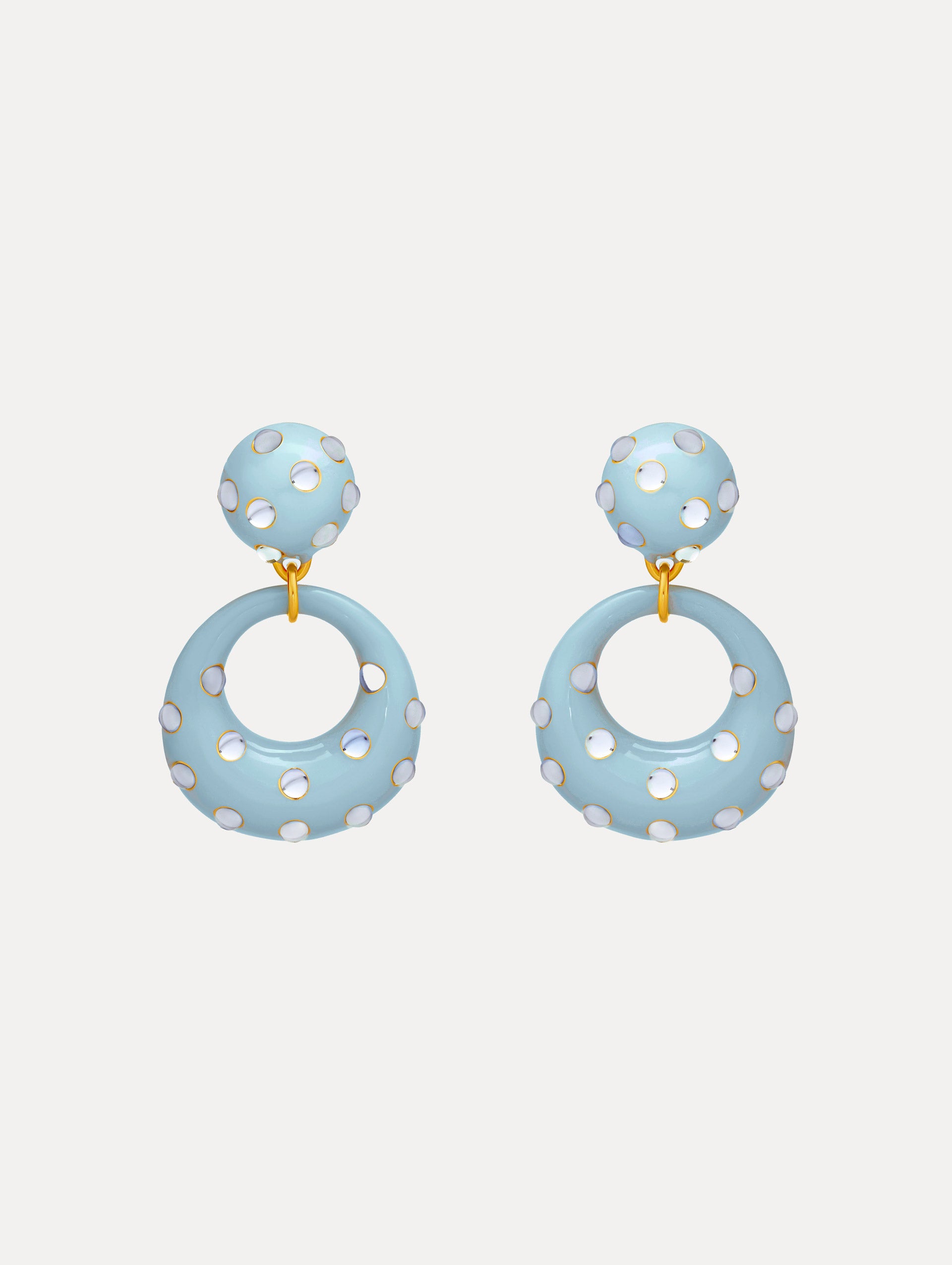 Light Blue Enamel Cabochon Hoop Clip-On Earrings with a domed stud and open hoop, both accented by gold-trimmed crystal inlays.