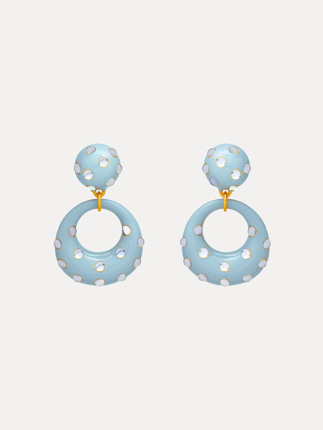 Light Blue Enamel Cabochon Hoop Clip-On Earrings with a domed stud and open hoop, both accented by gold-trimmed crystal inlays.