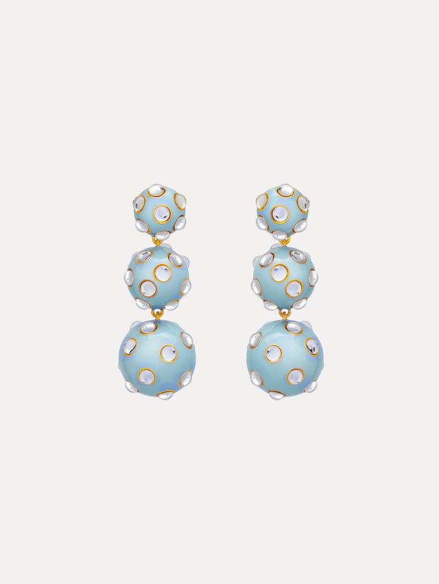 Blue Enamel Cabochon Drop Clip-On Earrings with three graduated orb shapes, accented by circular gold-trimmed crystal inlays. Front View.