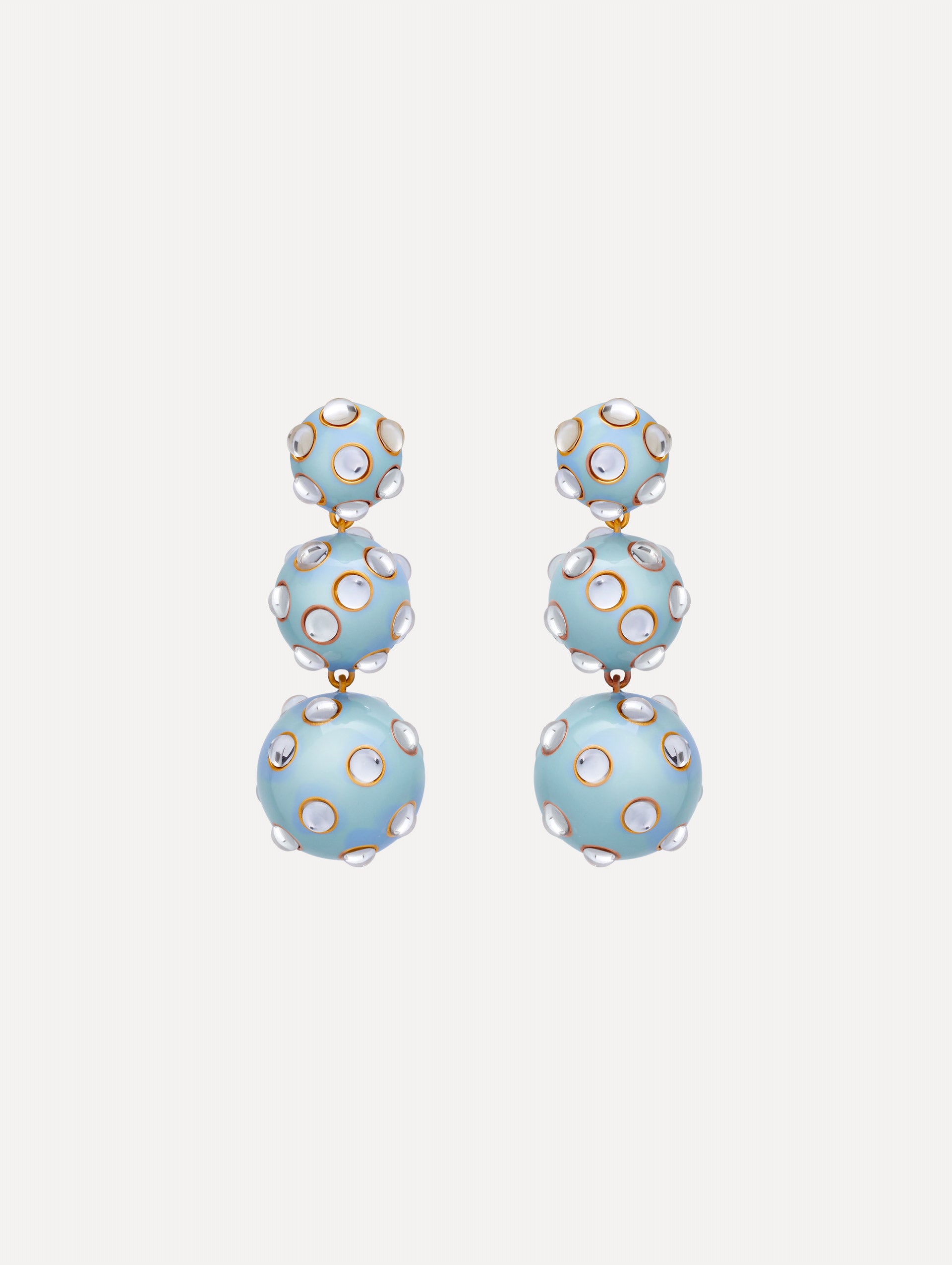Blue Enamel Cabochon Drop Clip-On Earrings with three graduated orb shapes, accented by circular gold-trimmed crystal inlays.