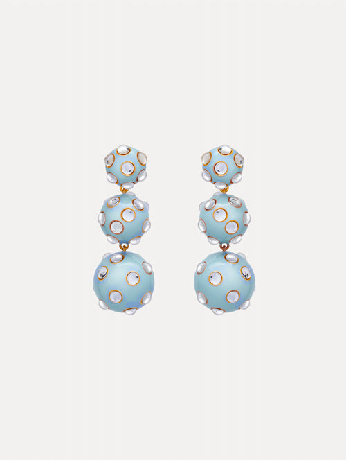 Blue Enamel Cabochon Drop Clip-On Earrings with three graduated orb shapes, accented by circular gold-trimmed crystal inlays.