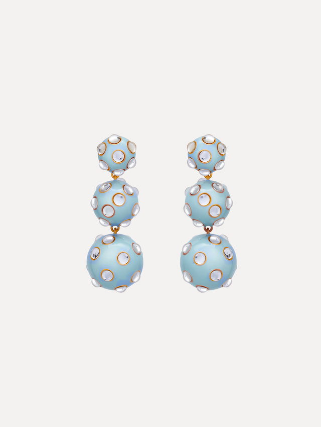 Blue Enamel Cabochon Drop Clip-On Earrings with three graduated orb shapes, accented by circular gold-trimmed crystal inlays.