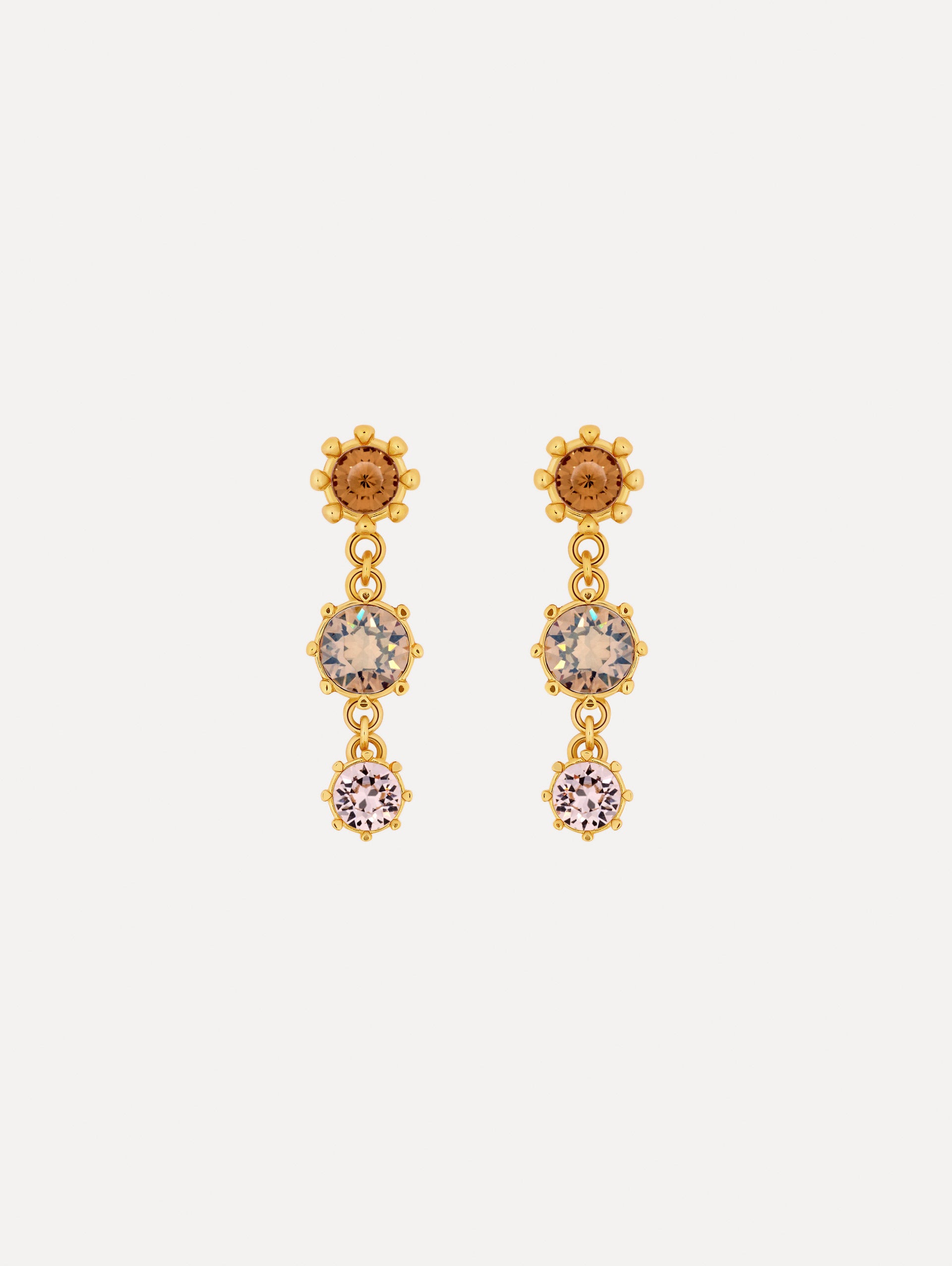 Faceted Crystal Drop Earrings with floral studs, round champagne crystals, and pale pink crystal accents.