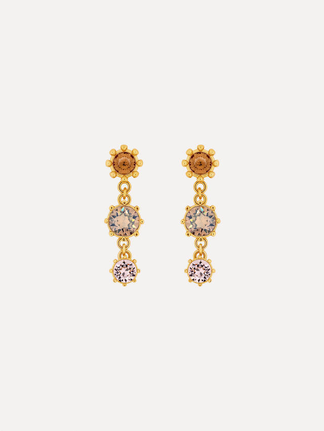 Faceted Crystal Drop Earrings with floral studs, round champagne crystals, and pale pink crystal accents.