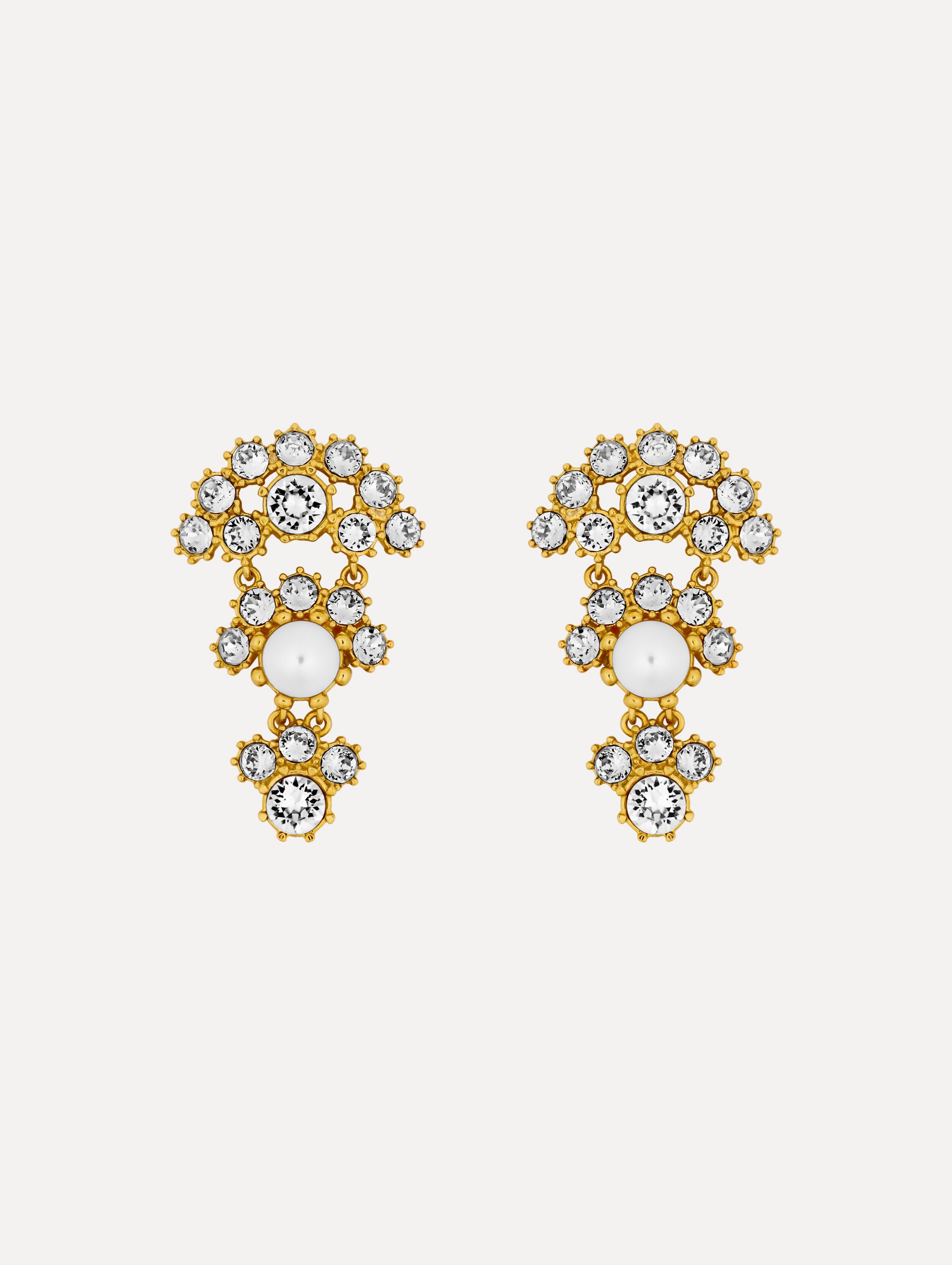 Gold Faceted Crystal Arch Drop Earrings featuring clustered round crystals with central pearl accents.