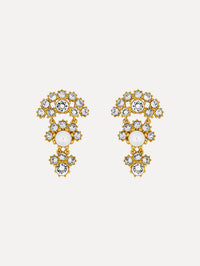 Gold Faceted Crystal Arch Drop Earrings featuring clustered round crystals with central pearl accents.
