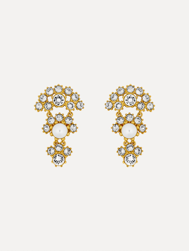 Gold Faceted Crystal Arch Drop Earrings featuring clustered round crystals with central pearl accents.
