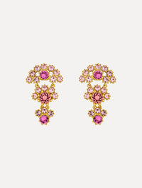 Gold Faceted Crystal Arch Drop Earrings featuring clustered round pink crystals with central darker pink accents.