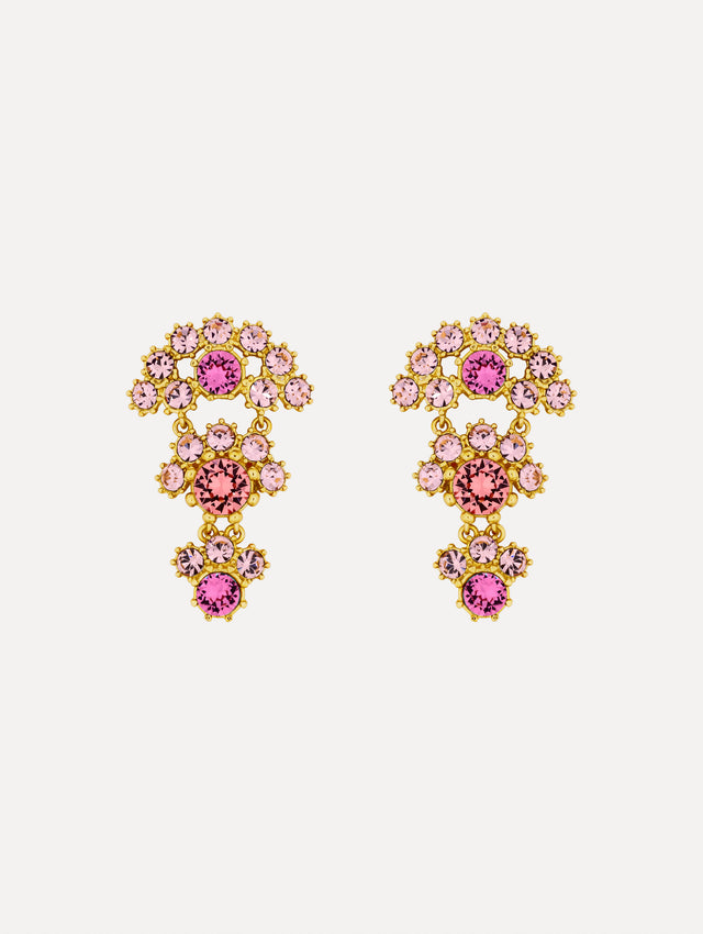Gold Faceted Crystal Arch Drop Earrings featuring clustered round pink crystals with central darker pink accents.