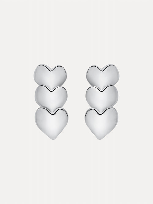 Silver Heart Drop Clip-On Earrings featuring a vertical stack of three hearts.