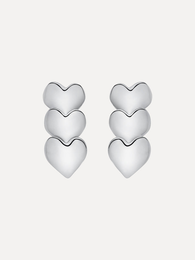 Silver Heart Drop Clip-On Earrings featuring a vertical stack of three hearts.