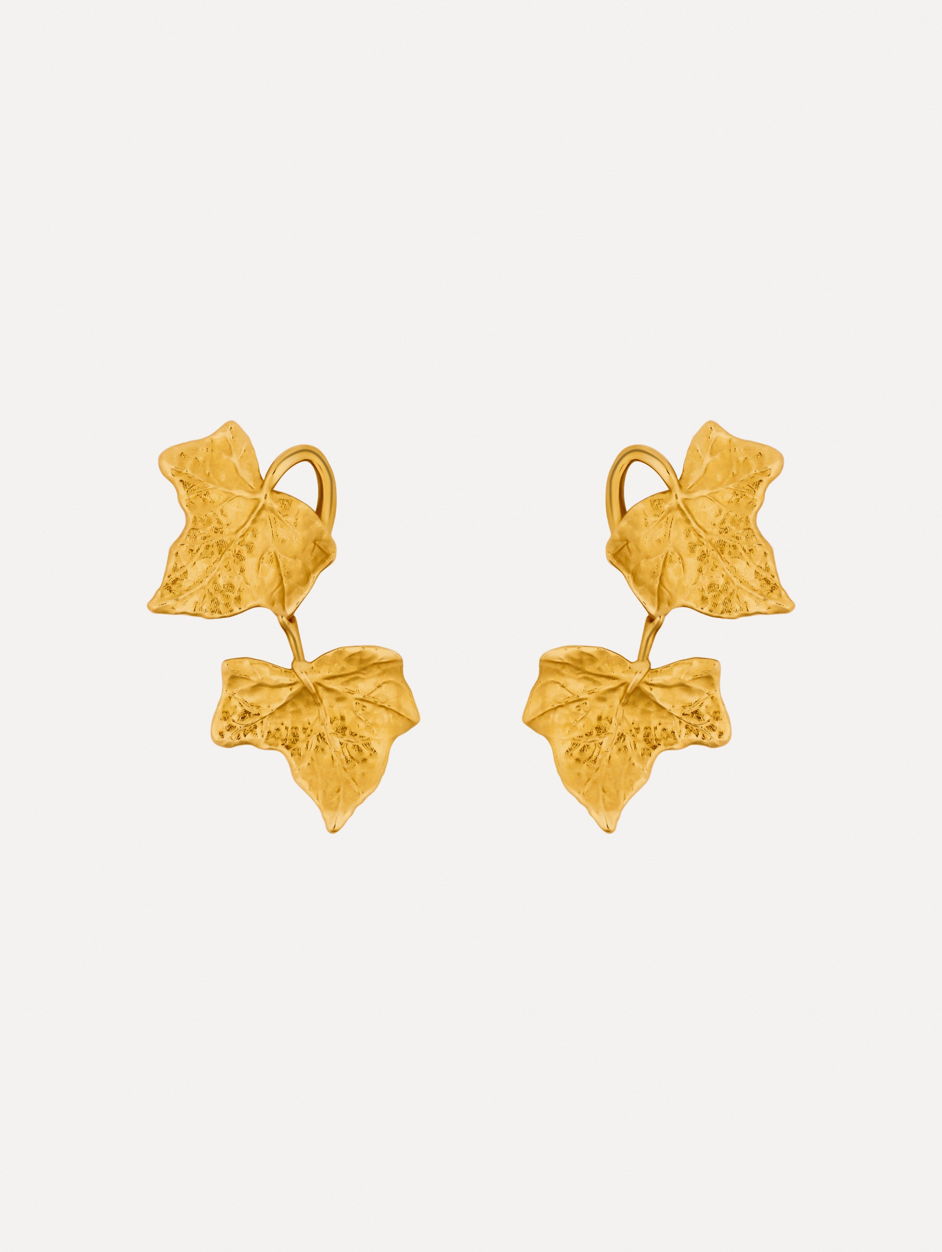 Gold Ivy Vine Drop Earrings featuring double leaf motifs with textured detailing.