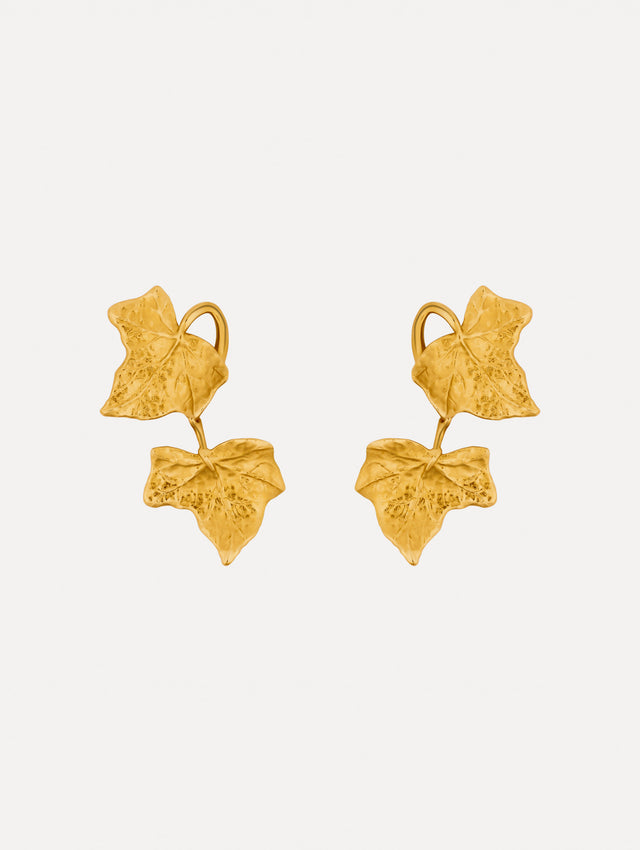 Gold Ivy Vine Drop Earrings featuring double leaf motifs with textured detailing.