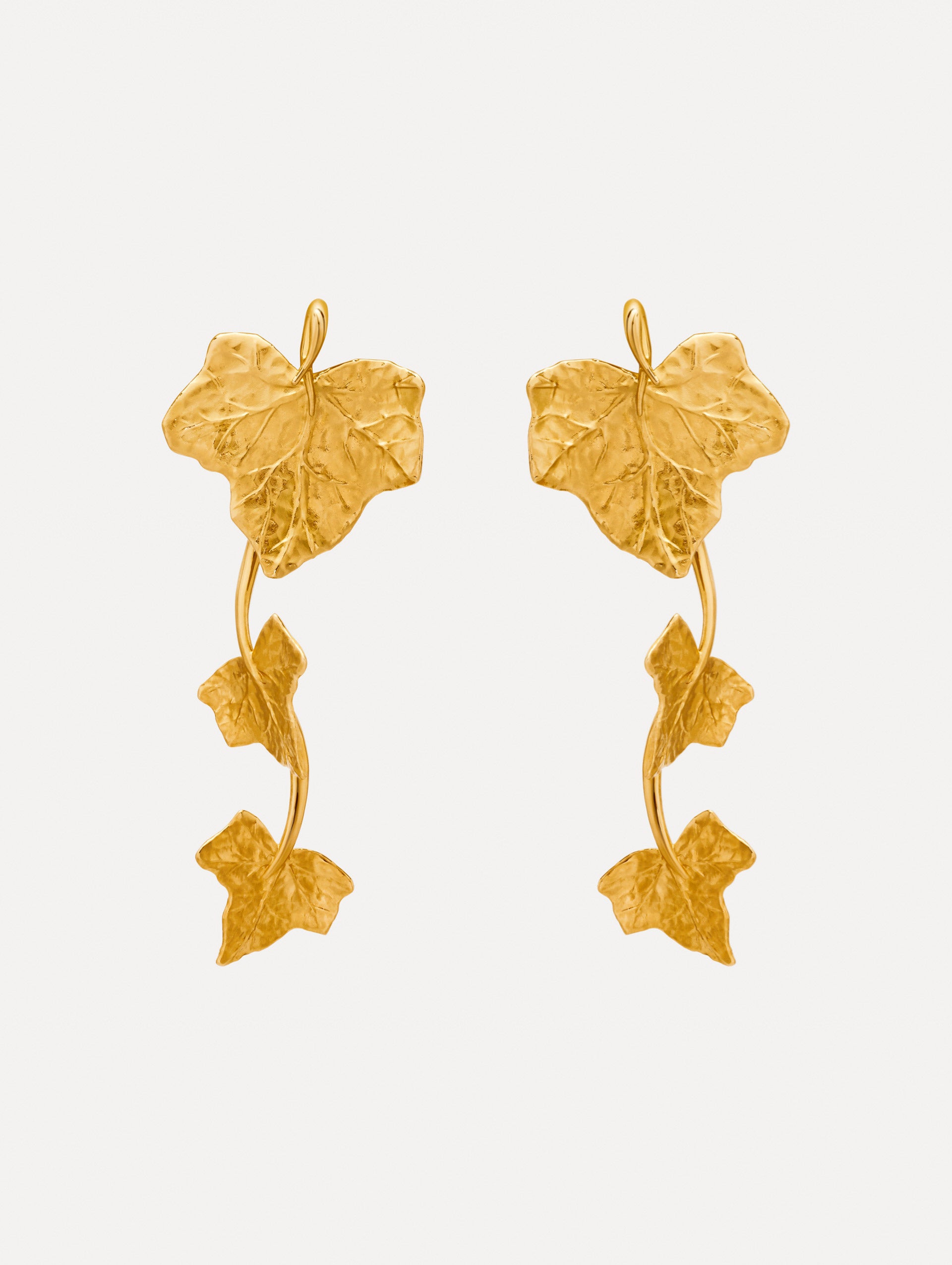 Gold Ivy Vine Drop Clip-On Earrings featuring sculpted ivy leaves along a curved drop design.