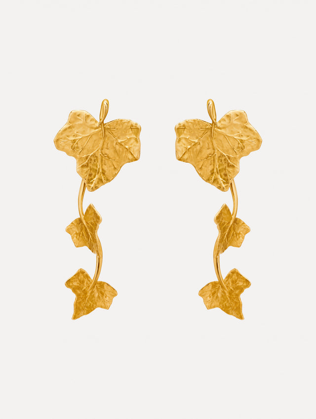 Gold Ivy Vine Drop Clip-On Earrings featuring sculpted ivy leaves along a curved drop design.
