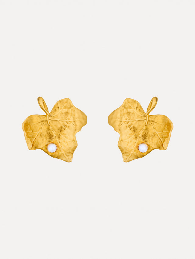 Gold Ivy Leaf Earrings featuring a textured finish and accented with a single small pearl at the base.