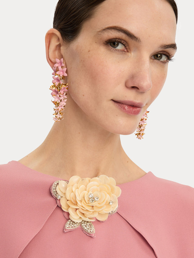 Pink Foxglove Earrings featuring layered enamel petals with gold accents. Side View.