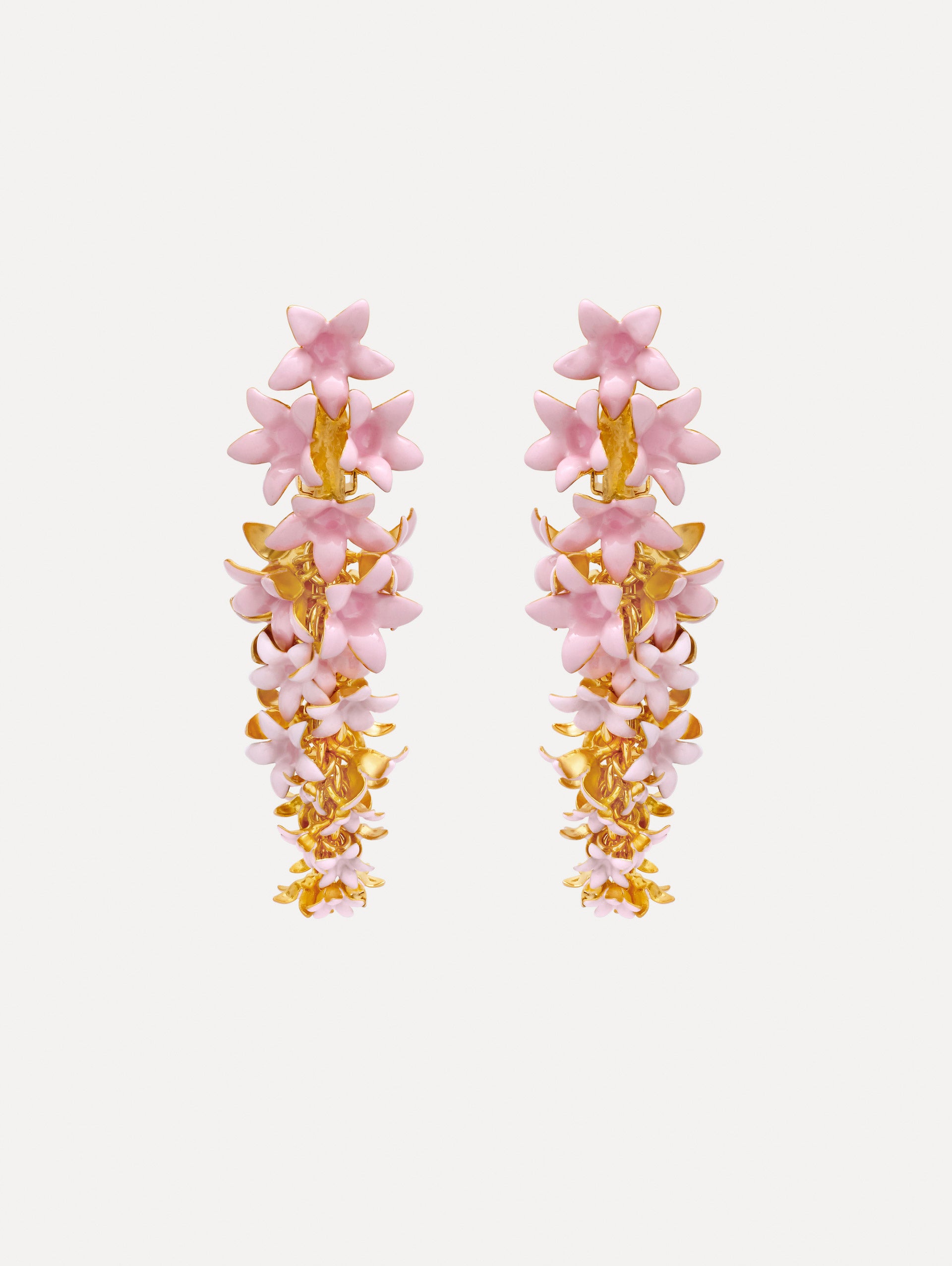 Pink Foxglove Earrings featuring layered enamel petals with gold accents.