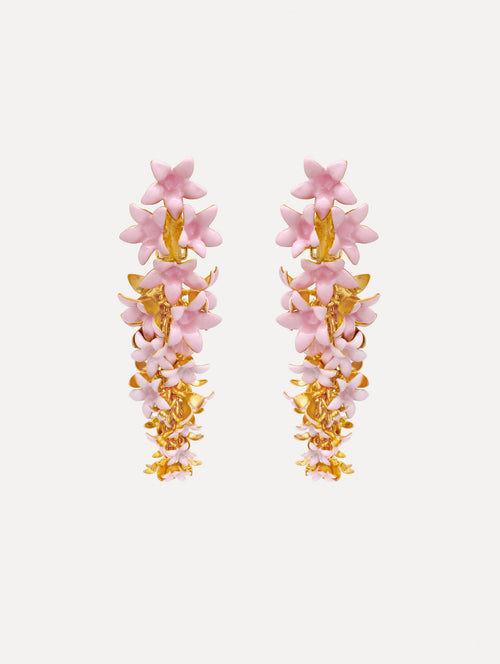 Pink Foxglove Earrings featuring layered enamel petals with gold accents.