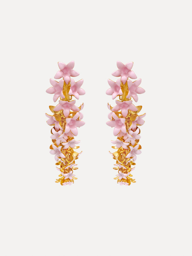 Pink Foxglove Earrings featuring layered enamel petals with gold accents.