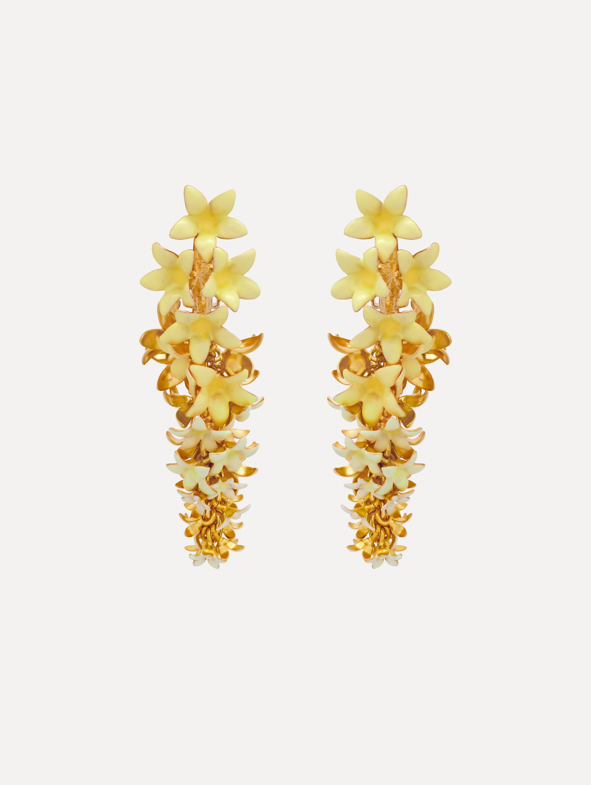 Yellow Foxglove Earrings featuring layered enamel petals with gold accents.