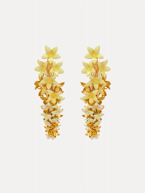 Yellow Foxglove Earrings featuring layered enamel petals with gold accents.