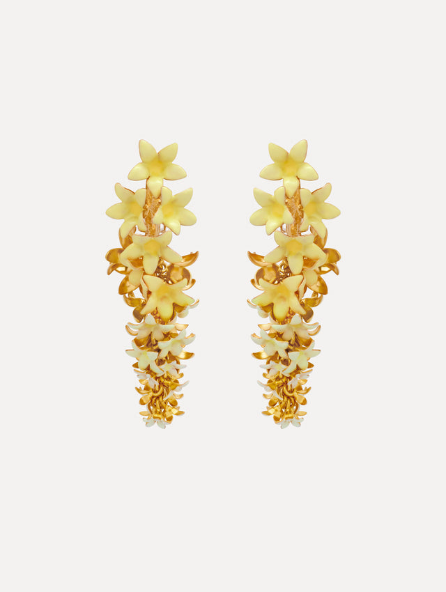 Yellow Foxglove Earrings featuring layered enamel petals with gold accents.