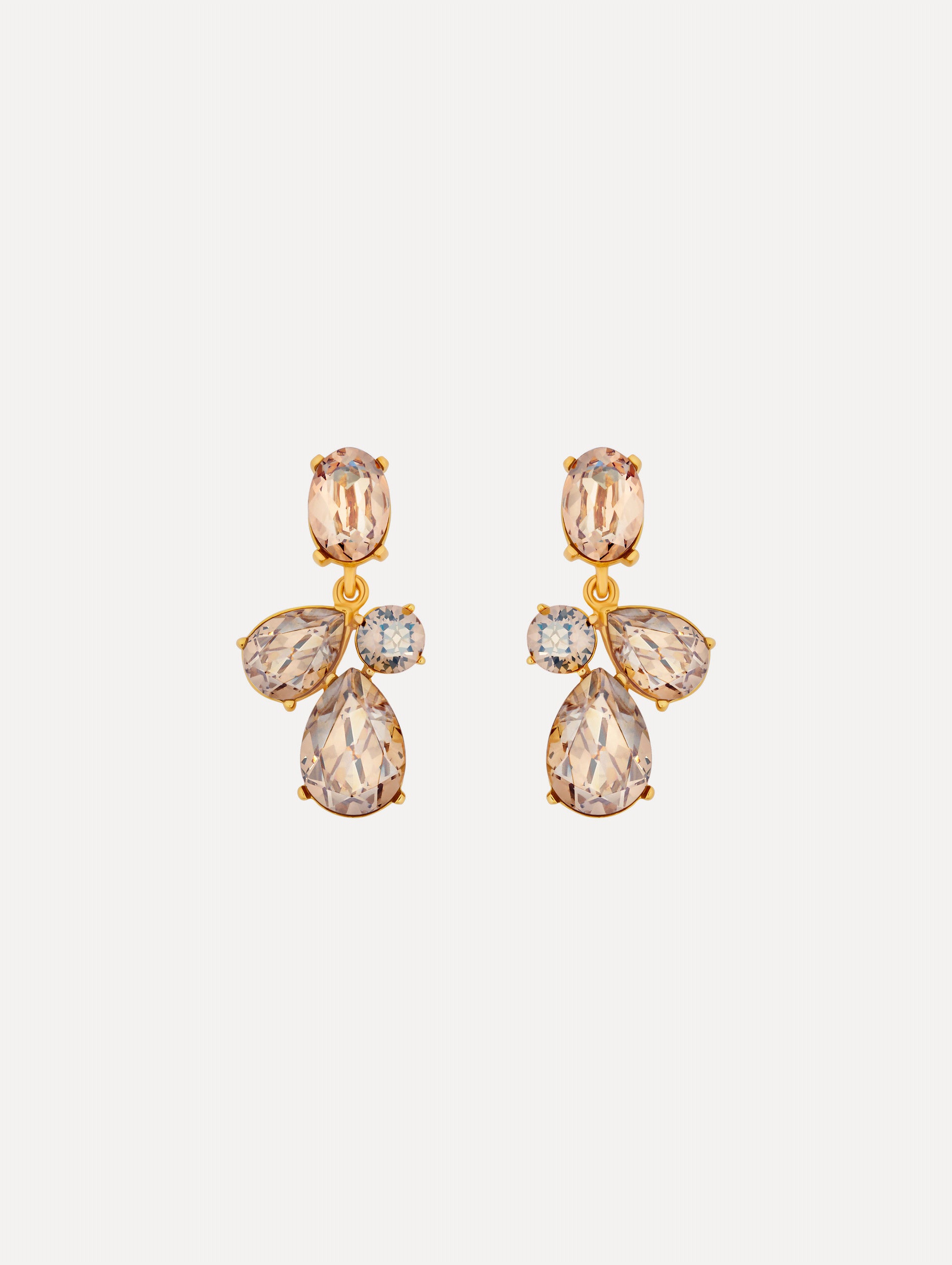 Gold Candy Drop Earrings featuring champagne oval studs, clear round crystals, and faceted teardrop pendants.