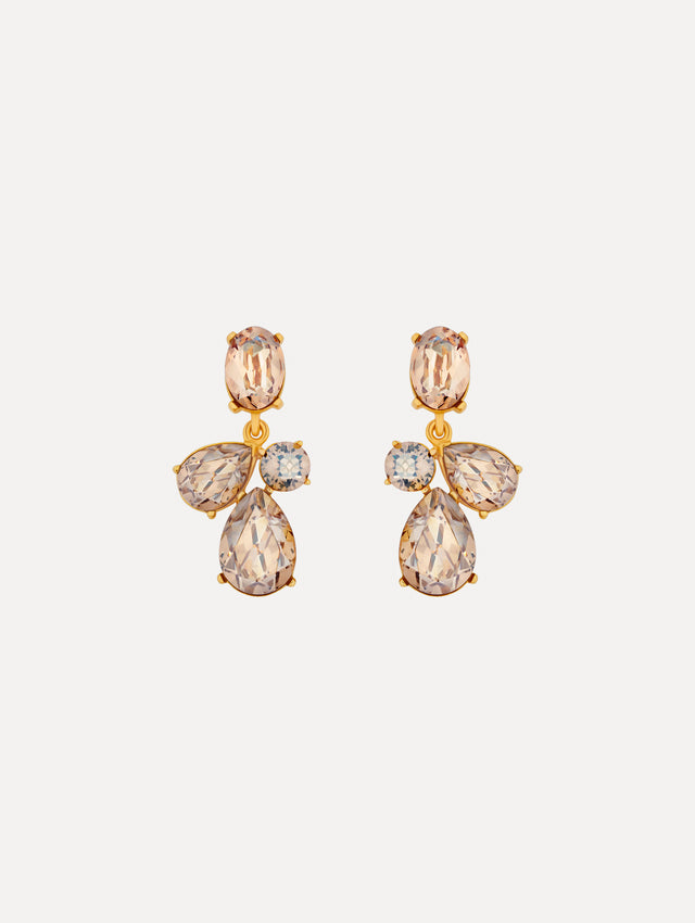 Gold Candy Drop Earrings featuring champagne oval studs, clear round crystals, and faceted teardrop pendants.