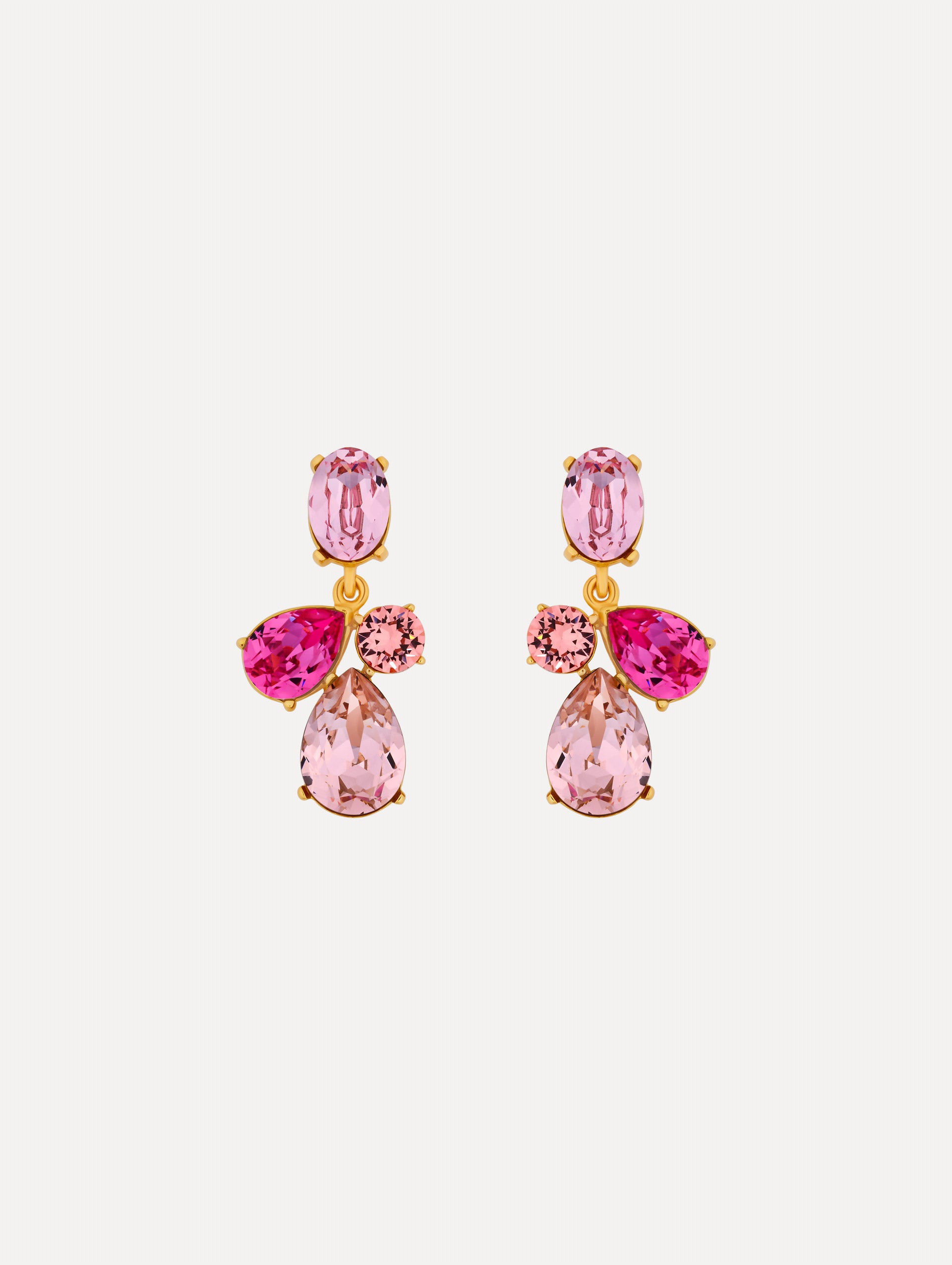 Gold Candy Drop Earrings featuring pink oval studs, round crystals, and faceted teardrop pendants in blush and fuchsia tones.