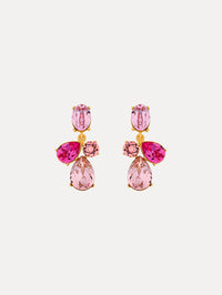 Gold Candy Drop Earrings featuring pink oval studs, round crystals, and faceted teardrop pendants in blush and fuchsia tones.
