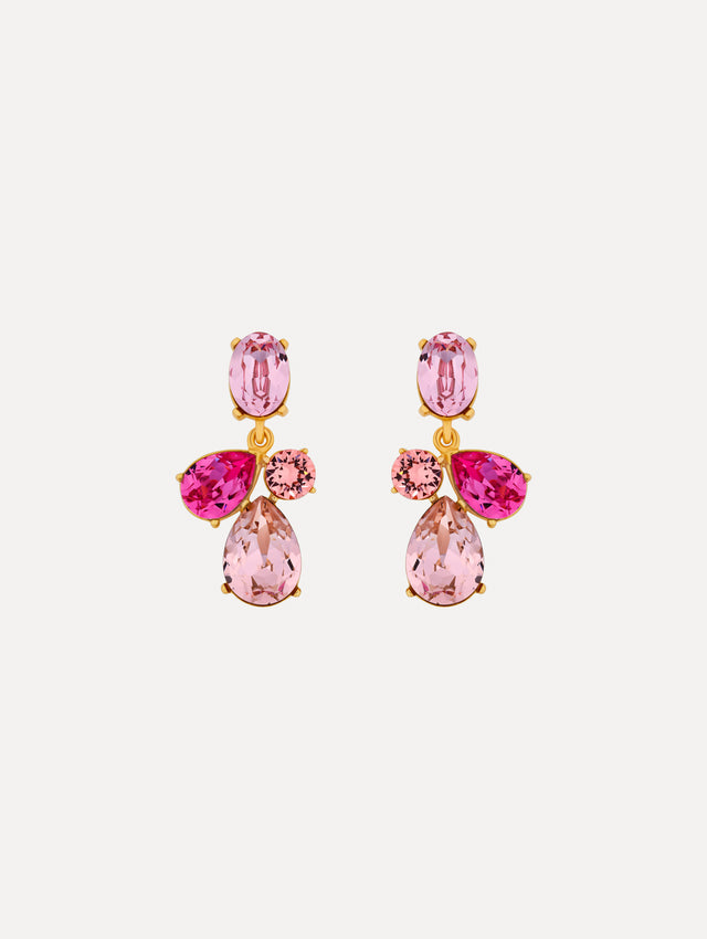 Gold Candy Drop Earrings featuring pink oval studs, round crystals, and faceted teardrop pendants in blush and fuchsia tones.