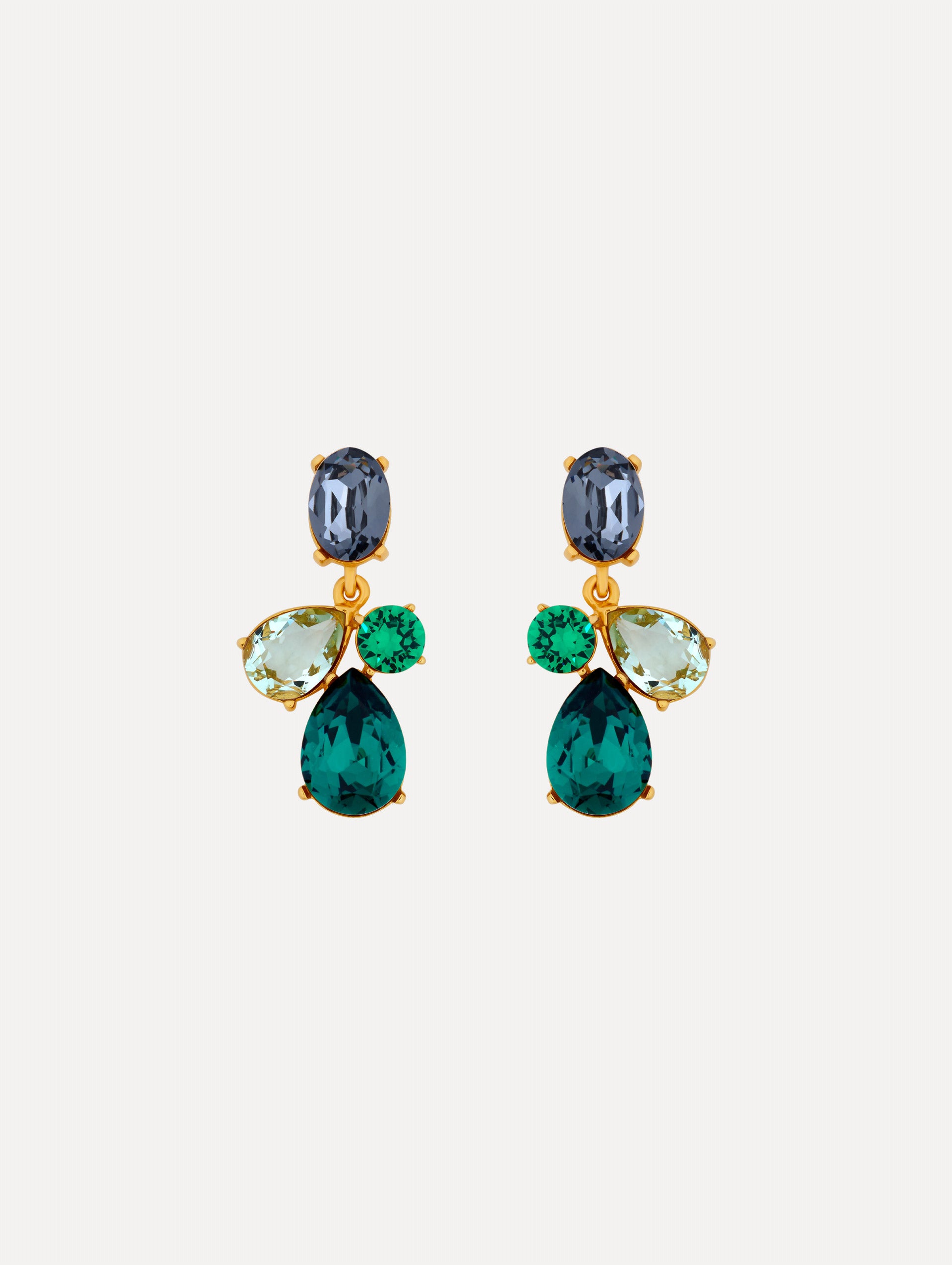 Gold Candy Drop Earrings featuring blue oval studs, green round crystals, pale green teardrops, and emerald teardrop pendants.