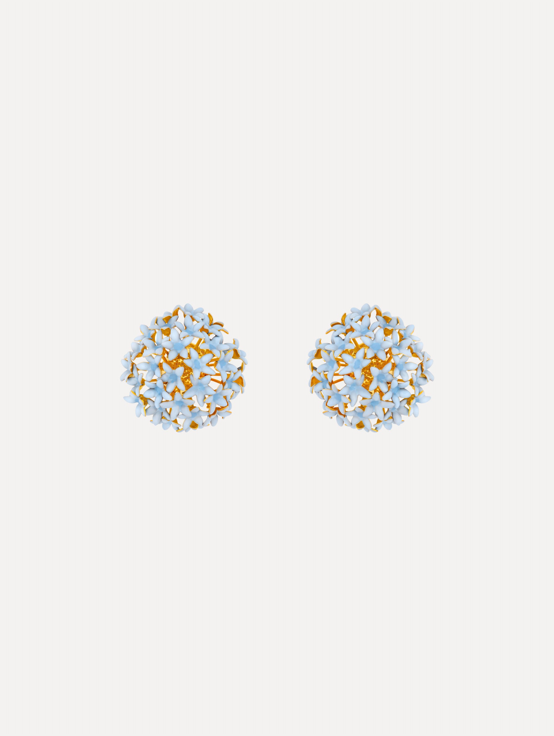 Light blue Small Foxglove Pompom Clip-On Earrings featuring gold settings with enamel blossoms.