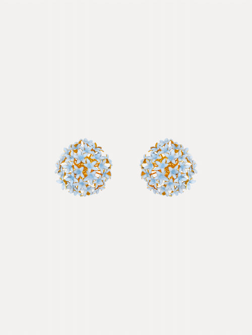 Light blue Small Foxglove Pompom Clip-On Earrings featuring gold settings with enamel blossoms.