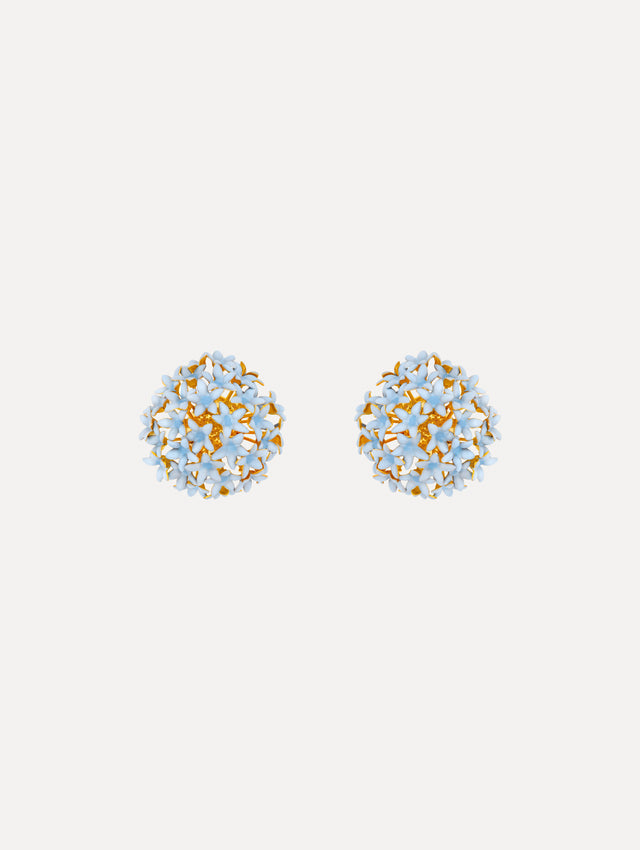 Light blue Small Foxglove Pompom Clip-On Earrings featuring gold settings with enamel blossoms.