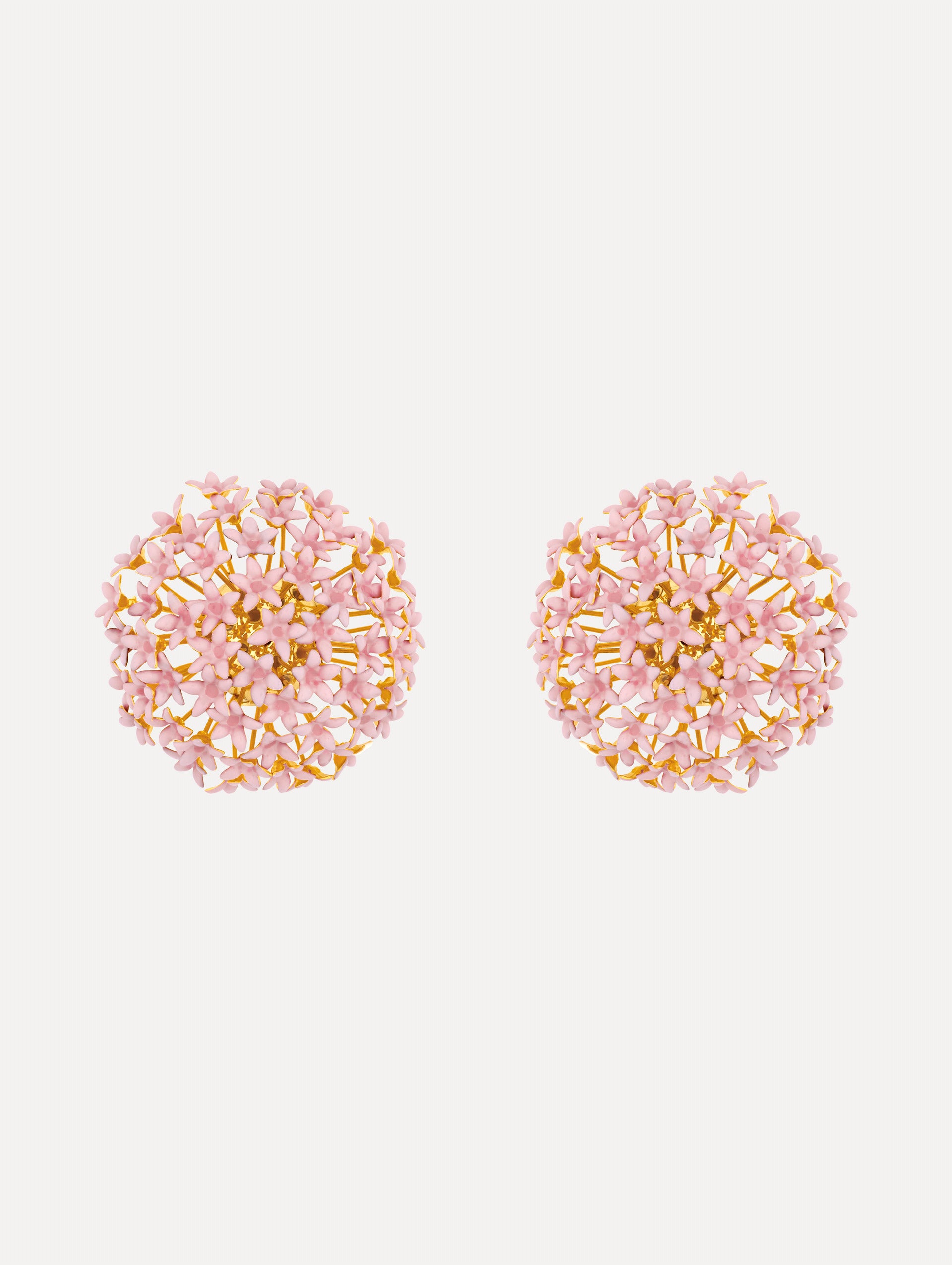 Pink Large Foxglove Pompom Clip-On Earrings featuring gold settings with enamel blossoms.