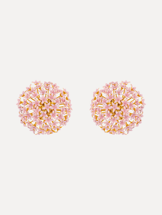 Pink Large Foxglove Pompom Clip-On Earrings featuring gold settings with enamel blossoms.