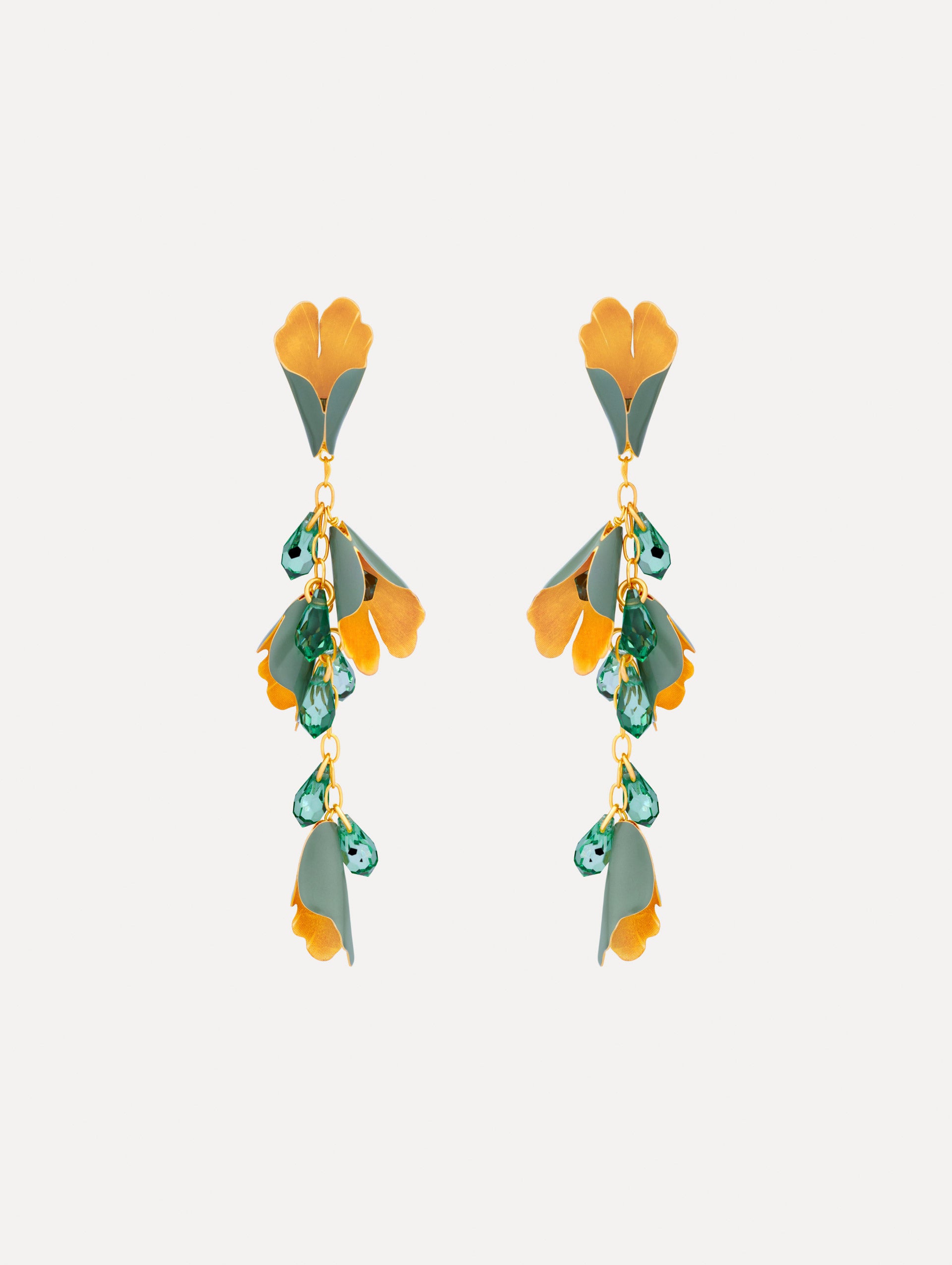 Gold and green Bellflower Drop Earrings featuring layered petal motifs with emerald crystal accents.