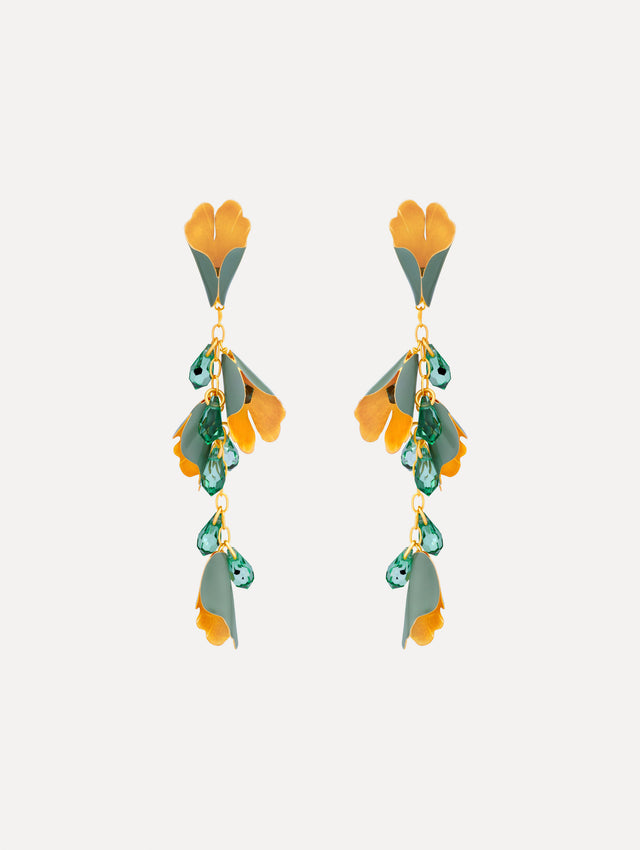 Gold and green Bellflower Drop Earrings featuring layered petal motifs with emerald crystal accents.