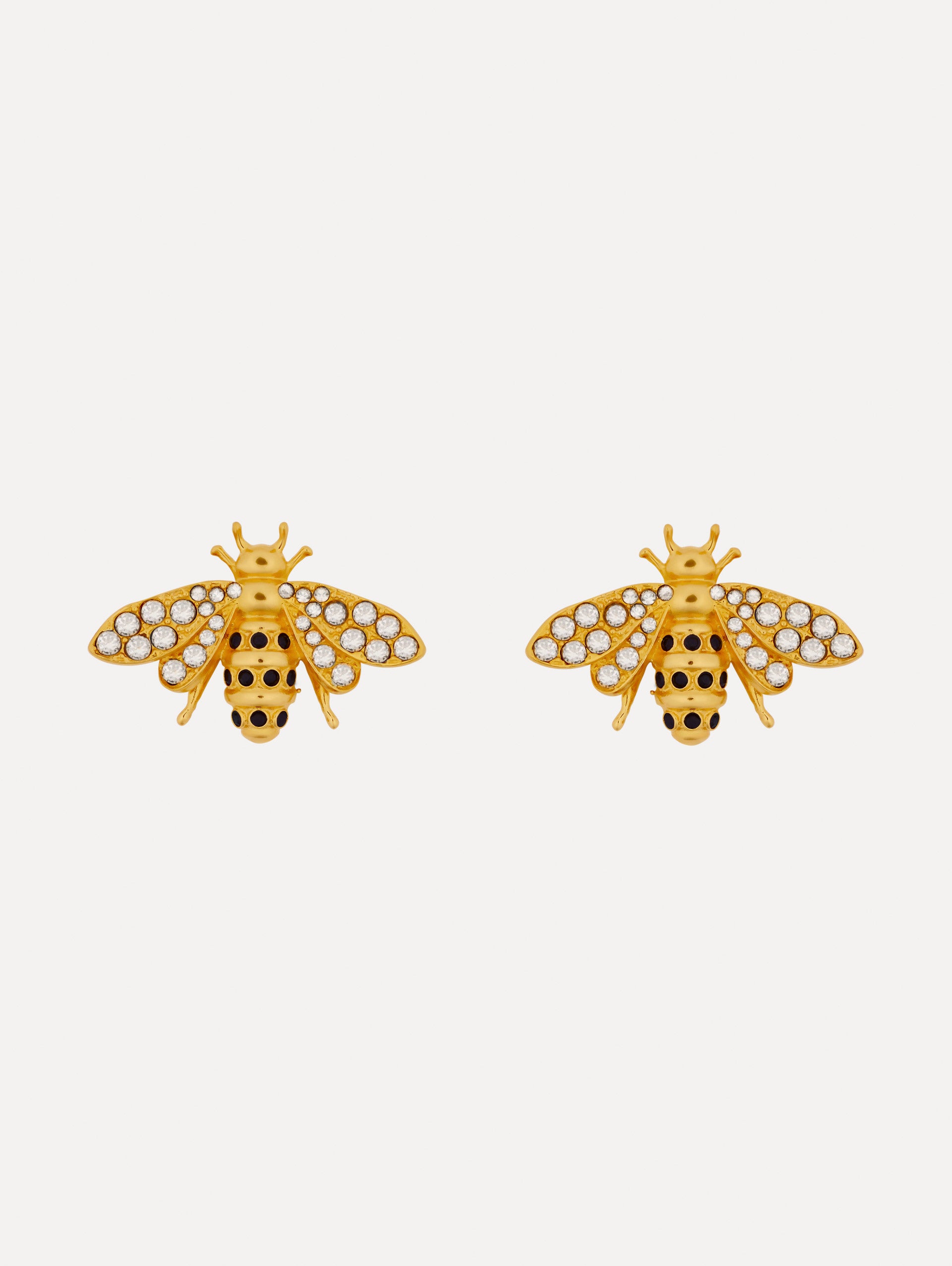 Gold Bee Clip-On Earrings with crystal-encrusted wings and black enamel stripes.