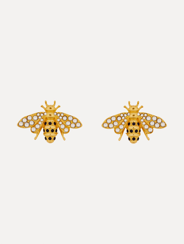 Gold Bee Clip-On Earrings with crystal-encrusted wings and black enamel stripes.
