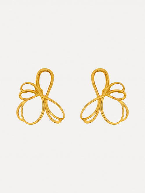 Gold Threaded Flower Asymmetrical Clip-On Earrings featuring openwork looping design.