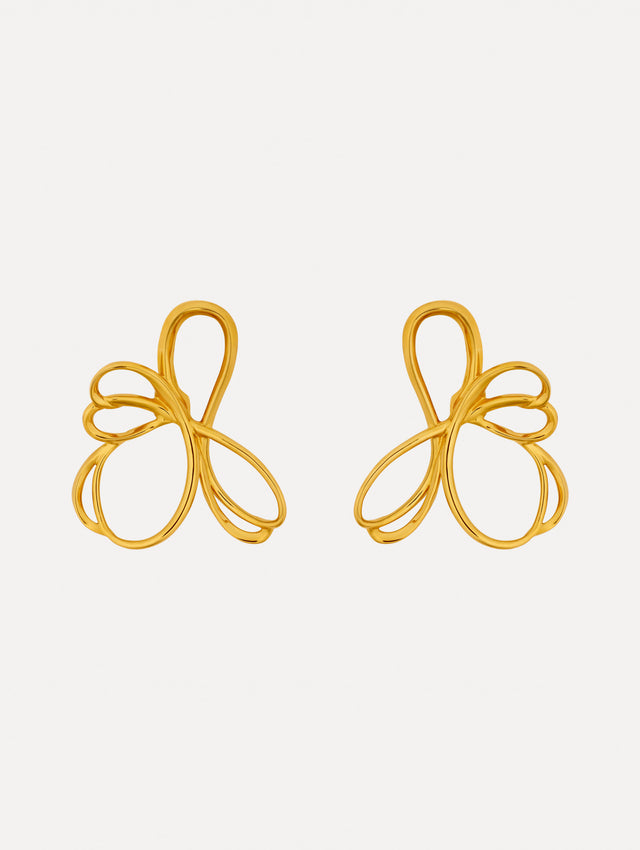 Gold Threaded Flower Asymmetrical Clip-On Earrings featuring openwork looping design.