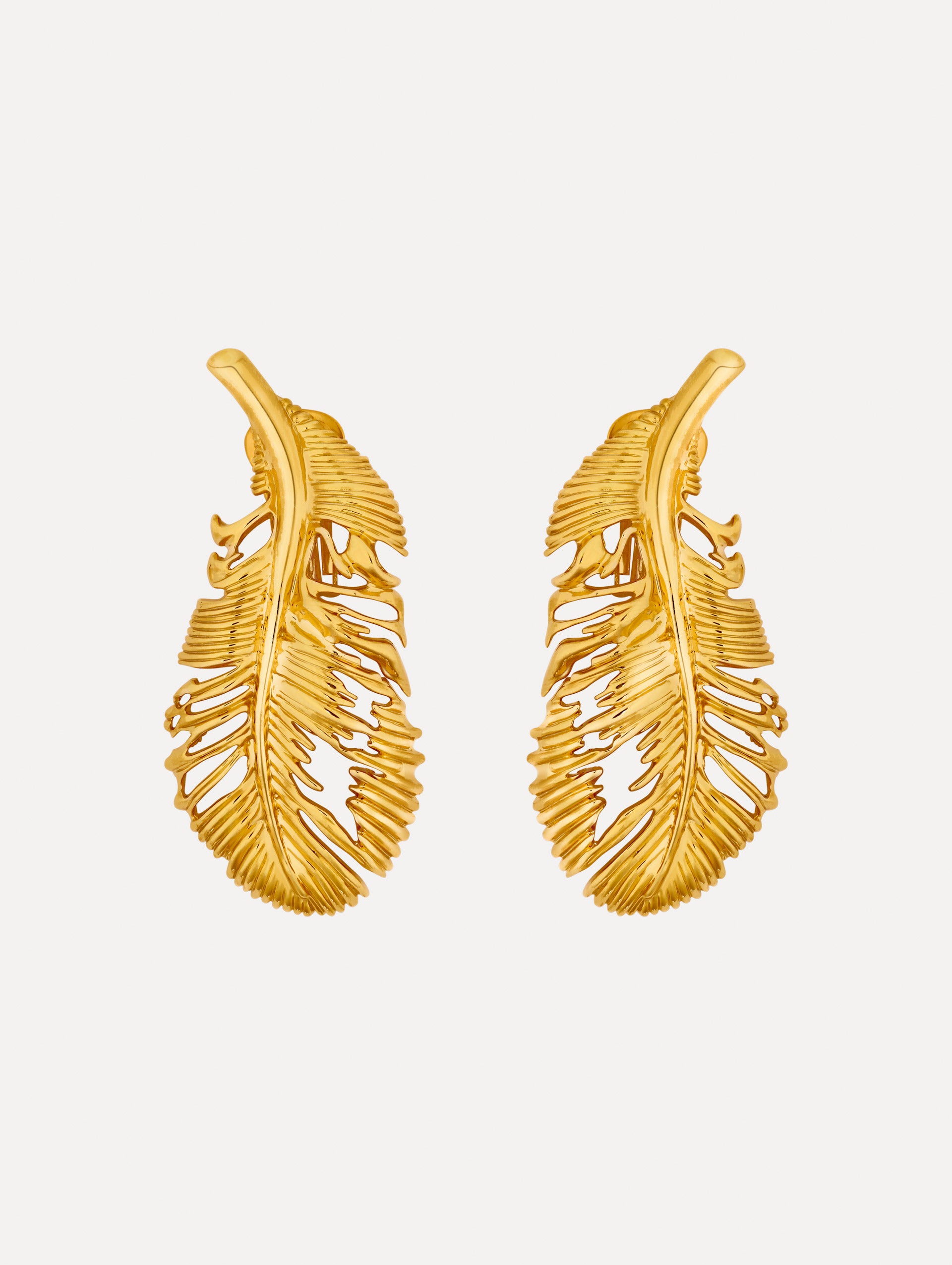 Gold Feather Clip-On Earrings featuring an openwork design with textured detailing.