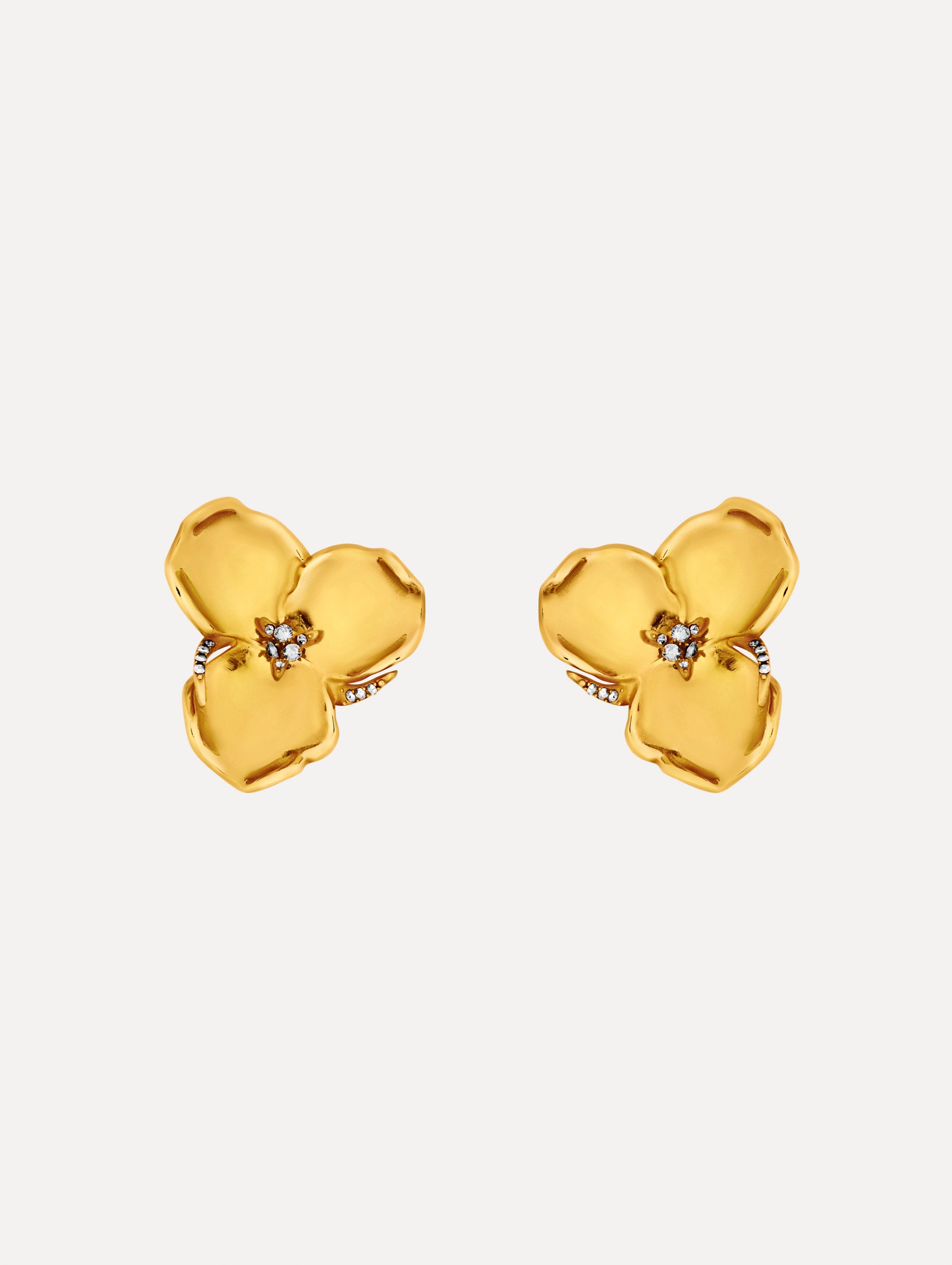 Gold Blossom Earrings featuring petal design with crystal centers.