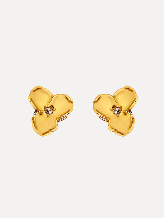 Gold Blossom Earrings featuring petal design with crystal centers.