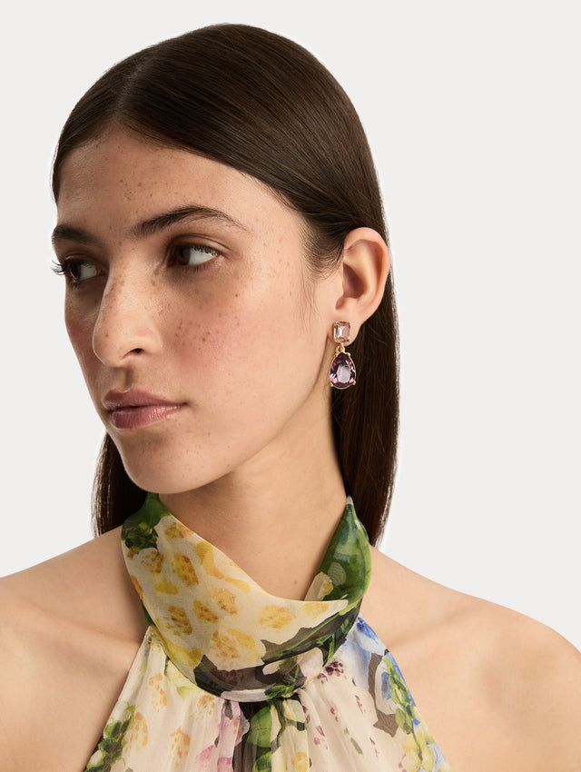 Gold Crystal Drop Earrings with square lilac studs and teardrop blush pink crystals. Front View.